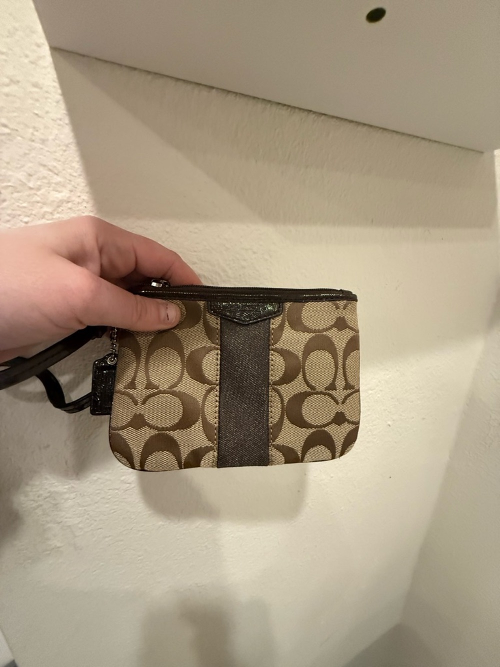 Coach Brown Signature Canvas Wristlet with Center Stripe and handle - Picture 5 of 5